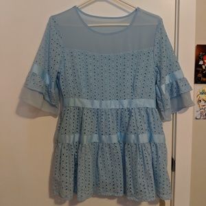 Blue Eyelet Fabric Short Dress